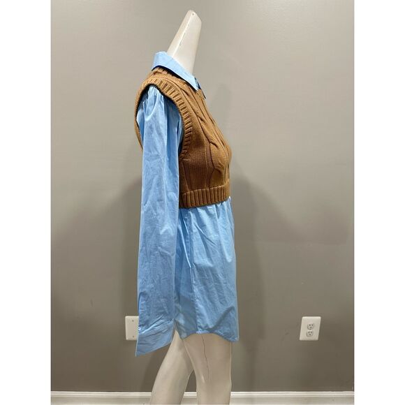 NWT Staud Cooper Knit Vest and Poplin Long-Sleeve Combo Shirt Camel $375 - Picture 9 of 12